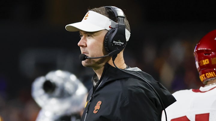 Nov 2, 2024; Seattle, Washington, USA; USC Trojans head coach Lincoln Riley stands on the sideline during the fourth quarter against the Washington Huskies at Alaska Airlines Field at Husky Stadium. Mandatory Credit: Joe Nicholson-Imagn Images