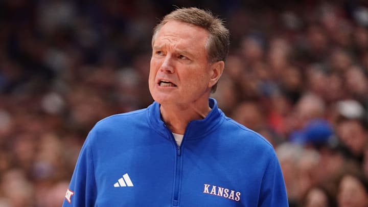 Kansas Jayhawks head coach Bill Self yells out during the Sunflower Showdown game inside Allen Fieldhouse in Lawrence, Kansas, on Saturday, March 7, 2026.
