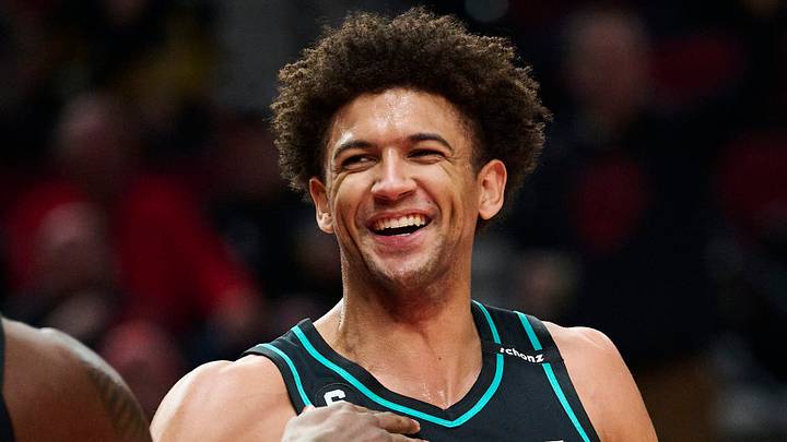 Feb 13, 2023; Portland, Oregon, USA;  Portland Trail Blazers forward Matisse Thybulle (4) smiles during the first half with forward Nassir Little (10) after blocking a shot against the Los Angeles Lakers at Moda Center. Mandatory Credit: Troy Wayrynen-USA TODAY Sports