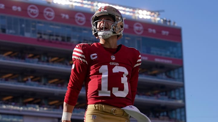 Dec 8, 2024; Santa Clara, California, USA; San Francisco 49ers quarterback Brock Purdy (13) reacts after rushing for a touchdown against the Chicago Bears in the second quarter at Levi's Stadium. The play was later called back for offensive holding. Mandatory Credit: Cary Edmondson-Imagn Images Dec 8, 2024; Santa Clara, California, USA; San Francisco 49ers quarterback Brock Purdy (13) reacts after rushing for a touchdown against the Chicago Bears in the second quarter at Levi's Stadium. The play was later called back for offensive holding. Mandatory Credit: Cary Edmondson-Imagn Images