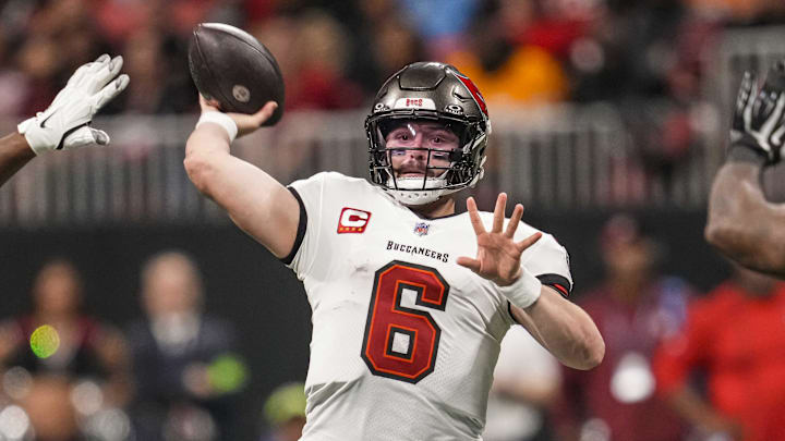 Dec 10, 2023; Atlanta, Georgia, USA; Tampa Bay Buccaneers quarterback Baker Mayfield (6) passes the ball against the Atlanta Falcons during the second half at Mercedes-Benz Stadium. Mandatory Credit: Dale Zanine-Imagn Images