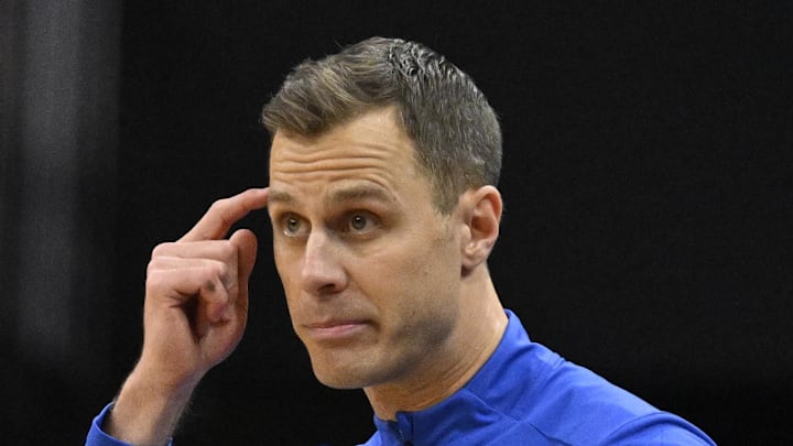 Jan 6, 2026; Louisville, Kentucky, USA;  Duke Blue Devils head coach Jon Scheyer reacts during the second half against the Louisville Cardinals at KFC Yum! Center. Duke defeated Louisville 84-73. Mandatory Credit: Jamie Rhodes-Imagn Images