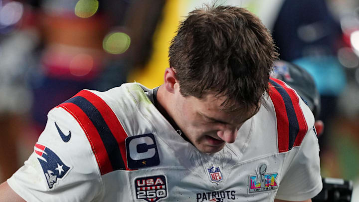 Feb 8, 2026; Santa Clara, CA, USA; New England Patriots quarterback Drake Maye (10) exits the field after the loss against the Seattle Seahawks in Super Bowl LX at Levi's Stadium. Mandatory Credit: Darren Yamashita-Imagn Images