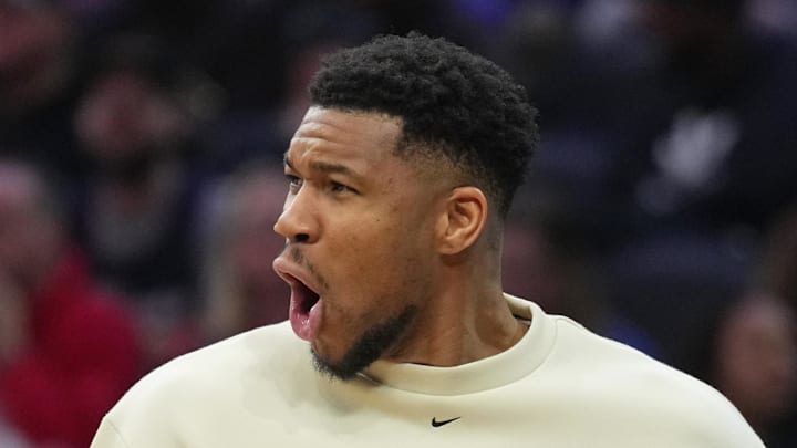 Milwaukee Bucks forward Giannis Antetokounmpo reacts during the game against the Philadelphia 76ers at Xfinity Mobile Arena on April 12, 2026.