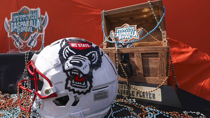 Dec 19, 2025; Tampa, FL, USA; a view of the Gasparilla Bowl trophy before a game between the NC State Wolfpack and Memphis Tigers at Raymond James Stadium. Mandatory Credit: Nathan Ray Seebeck-Imagn Images