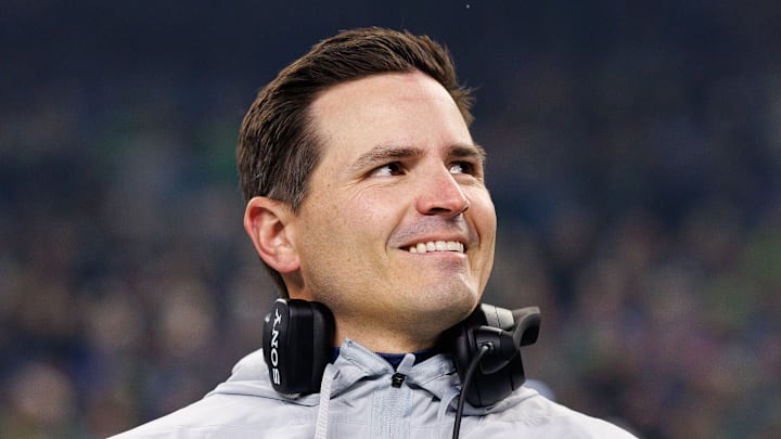 Mike Macdonald of the Seattle Seahawks smiling
