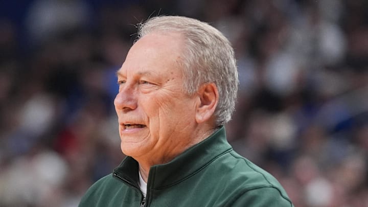 Mar 21, 2026; Buffalo, NY, USA; Michigan State Spartans head coach Tom Izzo reacts during the first half against the Louisville Cardinals during a second round game of the men's 2026 NCAA Tournament at Keybank Center. Mar 21, 2026; Buffalo, NY, USA; Michigan State Spartans head coach Tom Izzo reacts during the first half against the Louisville Cardinals during a second round game of the men's 2026 NCAA Tournament at Keybank Center.