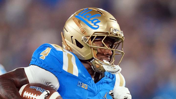 Sep 19, 2026; Pasadena, California, USA; UCLA Bruins wide receiver Semaj Morgan (4) scores on a 27-yard touchdown pass against the Purdue Boilermakers in the first half at the Rose Bowl. Mandatory Credit: Kirby Lee-Imagn Images Sep 19, 2026; Pasadena, California, USA; UCLA Bruins wide receiver Semaj Morgan (4) scores on a 27-yard touchdown pass against the Purdue Boilermakers in the first half at the Rose Bowl. Mandatory Credit: Kirby Lee-Imagn Images