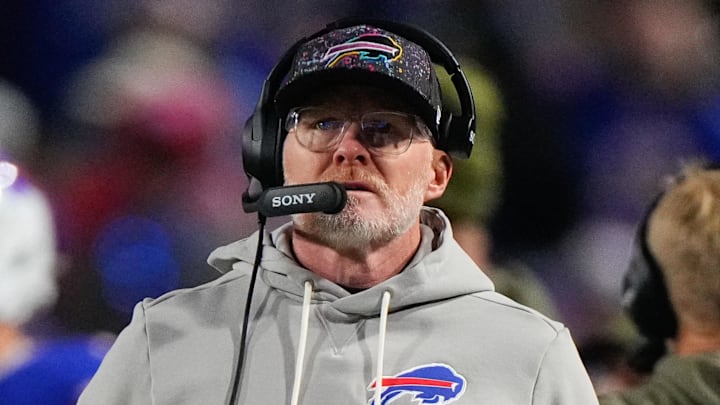 Nov 2, 2025; Orchard Park, New York, USA; Buffalo Bills head coach Sean McDermott looks on during the second quarter against the Kansas City Chiefs at Highmark Stadium. Mandatory Credit: Gregory Fisher-Imagn Images