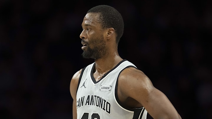 Jan 11, 2026; Minneapolis, Minnesota, USA; San Antonio Spurs forward Harrison Barnes (40) looks on against the Minnesota Timberwolves in the first half at Target Center. Mandatory Credit: Jesse Johnson-Imagn Images
