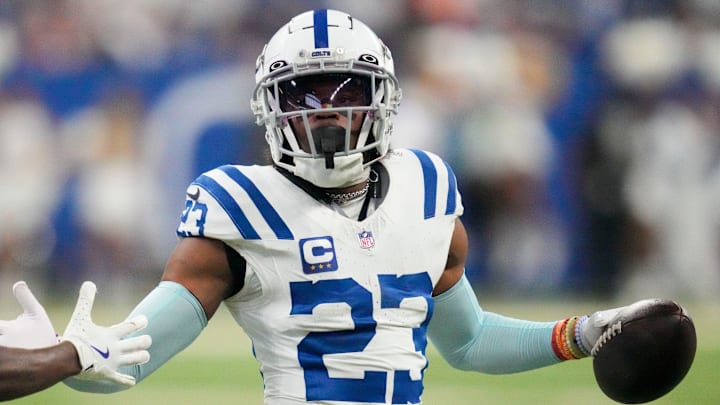 Indianapolis Colts cornerback Kenny Moore II (23) high fives Indianapolis Colts cornerback Samuel Womack III (33) after making an interception at the end of the game Sunday, Dec. 22, 2024, during a game against the Tennessee Titans at Lucas Oil Stadium in Indianapolis. Indianapolis Colts cornerback Kenny Moore II (23) high fives Indianapolis Colts cornerback Samuel Womack III (33) after making an interception at the end of the game Sunday, Dec. 22, 2024, during a game against the Tennessee Titans at Lucas Oil Stadium in Indianapolis.