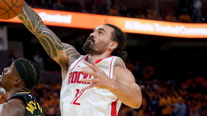 May 2, 2025; San Francisco, California, USA; Golden State Warriors forward Jimmy Butler III (10) has his shot blocked by Houston Rockets center Steven Adams (12) in the third quarter of game six of the first round for the 2025 NBA Playoffs at Chase Center. Mandatory Credit: Cary Edmondson-Imagn Images May 2, 2025; San Francisco, California, USA; Golden State Warriors forward Jimmy Butler III (10) has his shot blocked by Houston Rockets center Steven Adams (12) in the third quarter of game six of the first round for the 2025 NBA Playoffs at Chase Center. Mandatory Credit: Cary Edmondson-Imagn Images