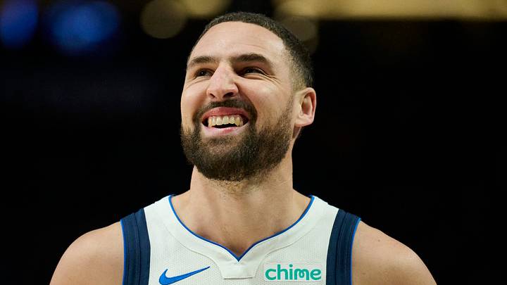 Mar 27, 2026; Portland, Oregon, USA; Dallas Mavericks guard Klay Thompson (31) looks on during the second half against the Portland Trail Blazers at Moda Center. Mandatory Credit: Troy Wayrynen-Imagn Images