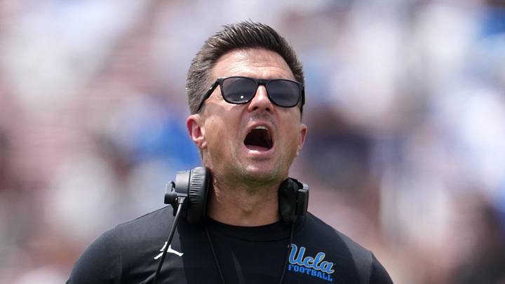 May 2, 2026; Pasadena, CA, USA; UCLA Bruins coach Bob Chesney reacts during the spring game at Rose Bowl. Mandatory Credit: Kirby Lee-Imagn Images May 2, 2026; Pasadena, CA, USA; UCLA Bruins coach Bob Chesney reacts during the spring game at Rose Bowl. Mandatory Credit: Kirby Lee-Imagn Images
