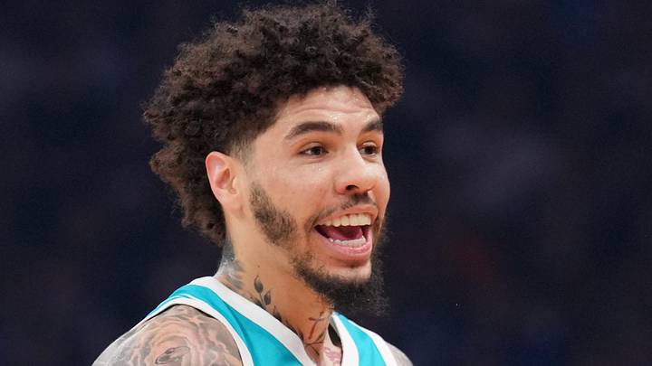 Mar 8, 2026; Phoenix, Arizona, USA; Charlotte Hornets guard LaMelo Ball (1) reacts after making a basket against the Phoenix Suns during the first half at Mortgage Matchup Center. Mandatory Credit: Joe Camporeale-Imagn Images