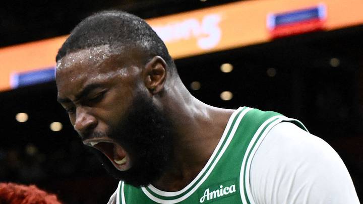 Apr 21, 2026; Boston, Massachusetts, USA; Boston Celtics guard Jaylen Brown (7) reacts after being folded by Philadelphia 76ers guard Kelly Oubre Jr. (9) in the second half of a game two of the first round of the 2026 NBA Playoffs at TD Garden. Mandatory Credit: Brian Fluharty-Imagn Images