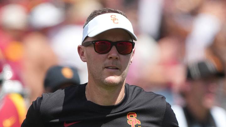 Aug 29, 2026; Los Angeles, California, USA; Southern California Trojans head coach Lincoln Riley during the game against the San Jose State Spartans at United Airlines Field at Los Angeles Memorial Coliseum. Mandatory Credit: Kirby Lee-Imagn Images