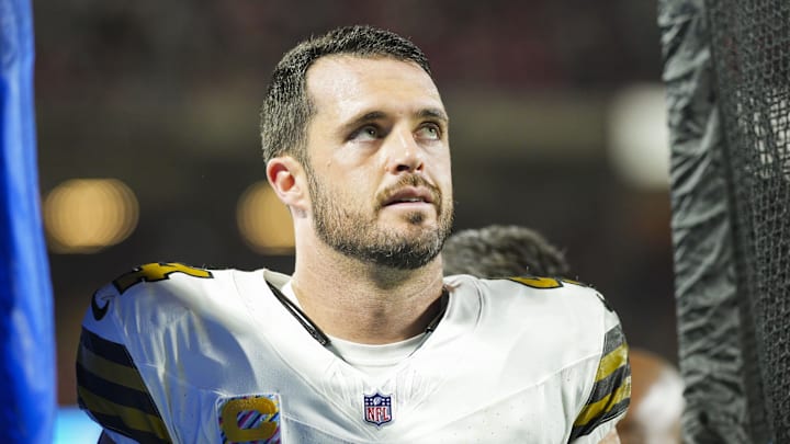 New Orleans Saints quarterback Derek Carr (4) reacts after an injury