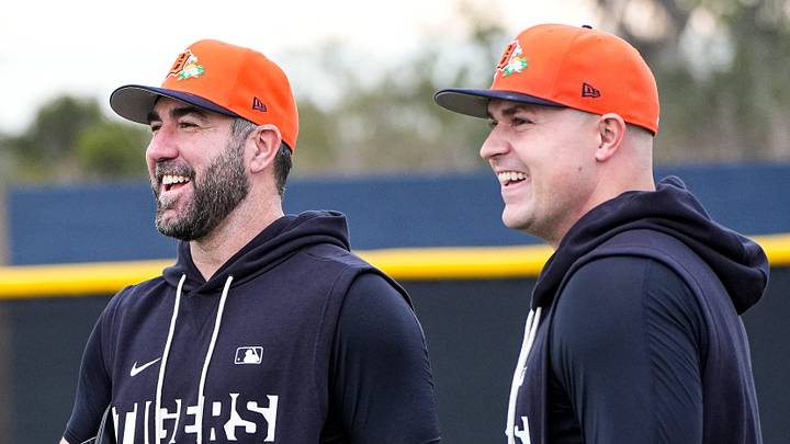 Justin Verlander and Tarik Skubal share a laugh at practice during spring training.