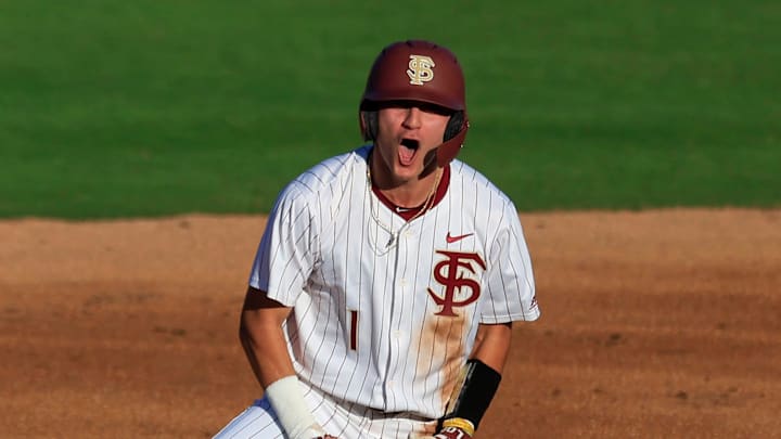 Florida St. infielder Alex Lodise (1) reacts to his double at second base during the first inning of an NCAA college baseball matchup Tuesday, March 25, 2025 at VyStar Ballpark in Jacksonville, Fla. FSU rallied to defeat UF 8-4 off a walk-off grand slam from Alex Lodise in the ninth inning. [Corey Perrine/Florida Times-Union]