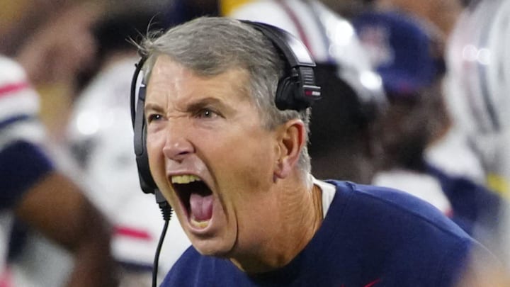 Arizona head coach Brent Brennan celebrates during a game against Arizona State at Mountain America Stadium in Tempe on Nov. 28, 2025.