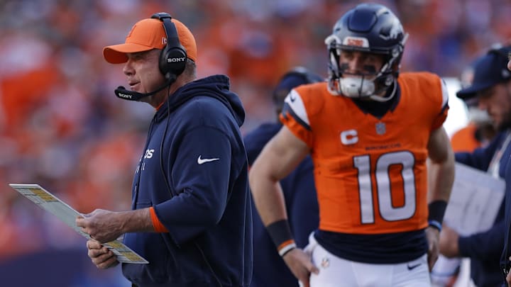 Dec 14, 2025; Denver, Colorado, USA; Denver Broncos head coach Sean Payton stands on the sidelines during the second quarter against the Green Bay Packers at Empower Field at Mile High. 
