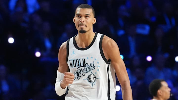 Feb 15, 2026; Inglewood, California, USA; Team World center Victor Wembanyama (1) of the San Antonio Spurs reacts in game one against Team Stars during the 75th NBA All Star Game at Intuit Dome. Mandatory Credit: Kirby Lee-Imagn Images Feb 15, 2026; Inglewood, California, USA; Team World center Victor Wembanyama (1) of the San Antonio Spurs reacts in game one against Team Stars during the 75th NBA All Star Game at Intuit Dome. Mandatory Credit: Kirby Lee-Imagn Images