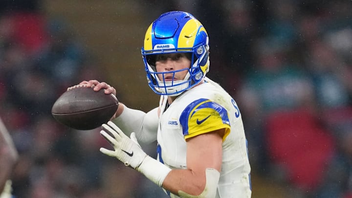 Oct 19, 2025; London, United Kingdom; Los Angeles Rams quarterback Matthew Stafford (9) looks to pass the ball against the Jacksonville Jaguars during the second half of an NFL International Series game at Wembley Stadium. Mandatory Credit: Kirby Lee-Imagn Images Oct 19, 2025; London, United Kingdom; Los Angeles Rams quarterback Matthew Stafford (9) looks to pass the ball against the Jacksonville Jaguars during the second half of an NFL International Series game at Wembley Stadium. Mandatory Credit: Kirby Lee-Imagn Images