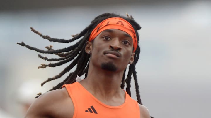 Refugio's Ernest Campbell gestures after his first-place finish in the 400-meter relay during the Class 2A UIL State track and field meet, Friday, May 3, 2024, at Mike A. Myers Stadium in Austin.
