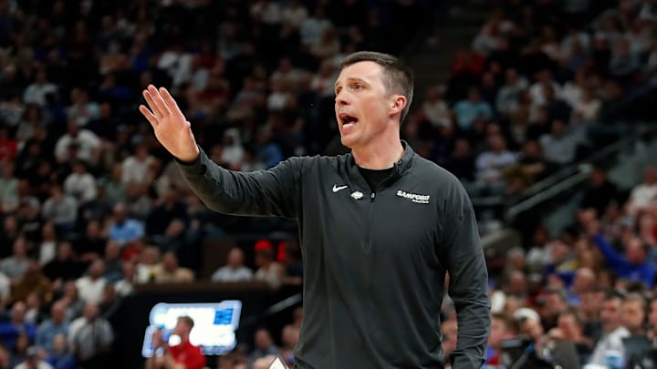 Head coach Bucky McMillan of the Samford Bulldogs reacts during the first half against the Kansas Jayhawks in the first round of the NCAA Men's Basketball Tournament at Delta Center on March 21, 2024 in Salt Lake City, Utah.