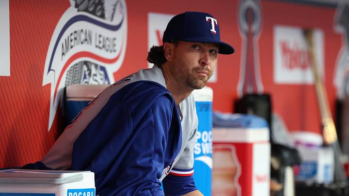 Aug 13, 2026; Anaheim, California, USA;  Texas Rangers pitcher Jacob Degrom (48) sits in the dugout before the game against the Los Angeles Angels at Angel Stadium. Mandatory Credit: Kiyoshi Mio-Imagn Images
