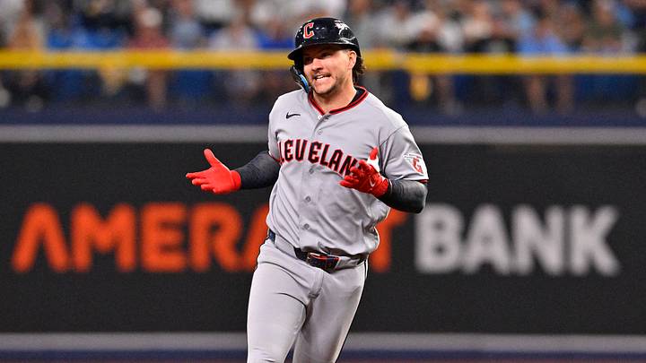 Oct 12, 2026; St. Petersburg, Florida, USA; Cleveland Guardians catcher Patrick Bailey (16) rounds the bases after hitting a solo home run against the Tampa Bay Rays during the seventh inning in game one of the ALCS for the 2026 MLB Playoffs at Tropicana Field. Mandatory Credit: Pablo Robles-Imagn Images Oct 12, 2026; St. Petersburg, Florida, USA; Cleveland Guardians catcher Patrick Bailey (16) rounds the bases after hitting a solo home run against the Tampa Bay Rays during the seventh inning in game one of the ALCS for the 2026 MLB Playoffs at Tropicana Field. Mandatory Credit: Pablo Robles-Imagn Images