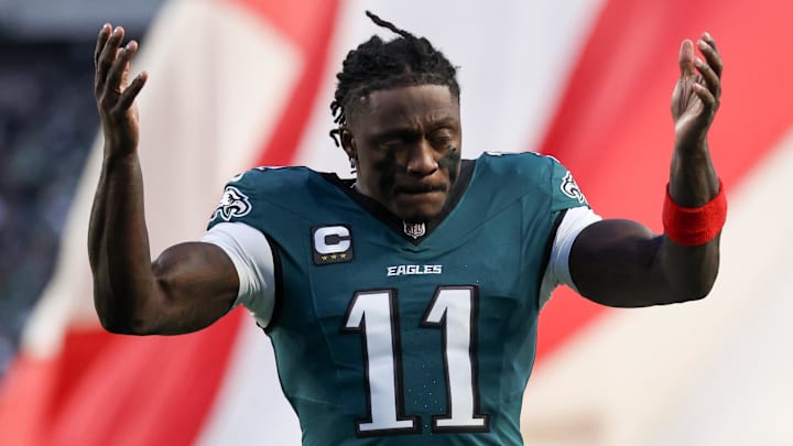 Jan 11, 2026; Philadelphia, PA, USA; Philadelphia Eagles wide receiver A.J. Brown (11) looks on prior to an NFC Wild Card Round game against the San Francisco 49ers at Lincoln Financial Field. Mandatory Credit: Bill Streicher-Imagn Images Jan 11, 2026; Philadelphia, PA, USA; Philadelphia Eagles wide receiver A.J. Brown (11) looks on prior to an NFC Wild Card Round game against the San Francisco 49ers at Lincoln Financial Field. Mandatory Credit: Bill Streicher-Imagn Images