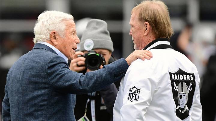 Oct 11, 2026; Foxborough, Massachusetts, USA; New England Patriots owner Robert Kraft chats with Las Vegas Raiders owner Mark Davis on the field before a game at Gillette Stadium. Mandatory Credit: Bob DeChiara-Imagn Images Oct 11, 2026; Foxborough, Massachusetts, USA; New England Patriots owner Robert Kraft chats with Las Vegas Raiders owner Mark Davis on the field before a game at Gillette Stadium. Mandatory Credit: Bob DeChiara-Imagn Images