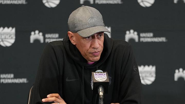 Apr 3, 2026; Sacramento, California, USA; Sacramento Kings head coach Doug Christie talks to media members before the game against the New Orleans Pelicans at Golden 1 Center. Mandatory Credit: Darren Yamashita-Imagn Images