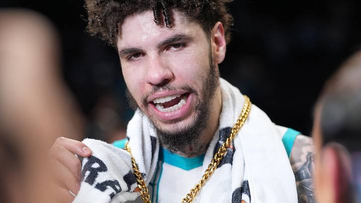 Apr 14, 2026; Charlotte, North Carolina, USA; Charlotte Hornets guard LaMelo Ball (1) is given a prime award after the second half overtime win during the play-in rounds between the Charlotte Hornets and the Miami Heat of the 2026 NBA Playoffs at Spectrum Center. Mandatory Credit: Jim Dedmon-Imagn Images