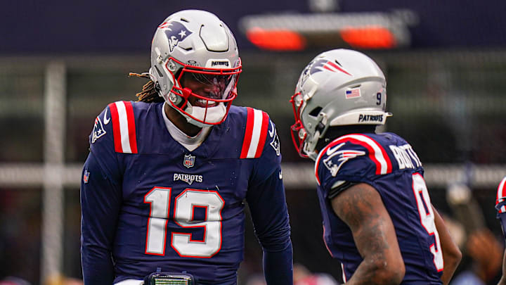 Jan 5, 2025; Foxborough, Massachusetts, USA; New England Patriots quarterback Joe Milton III (19) reacts after his touchdown pass against the Buffalo Bills in the first half at Gillette Stadium. Mandatory Credit: David Butler II-Imagn Images
