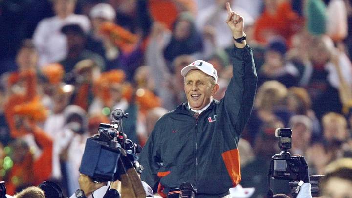 (01/03/2002)    Miami head coach Larry Coker rides on his players shoulders and holds up his finger after the Hurricanes defeated Nebraska in the Bowl Championship Series in the Rose Bowl, January 3, in Pasadena, CA.  Photo by Robert Hanashiro, USA TODAY ORG XMIT: COKER JUBO   MT135.JPG