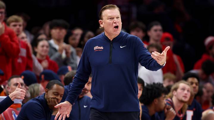 Dec 9, 2025; Columbus, Ohio, USA; Illinois Fighting Illini head coach Brad Underwood reacts to a call during the first half against the Ohio State Buckeyes Value City Arena. Mandatory Credit: Joseph Maiorana-Imagn Images