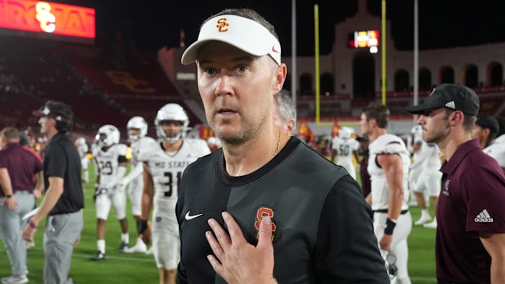Aug 30, 2025; Los Angeles, California, USA; Southern California Trojans head coach Lincoln Riley reacts after the game against the Missouri State Bears at United Airlines Field at Los Angeles Memorial Coliseum. Mandatory Credit: Kirby Lee-Imagn Images