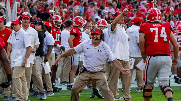 Kirby Smart celebrates a Georgia TD vs Auburn 