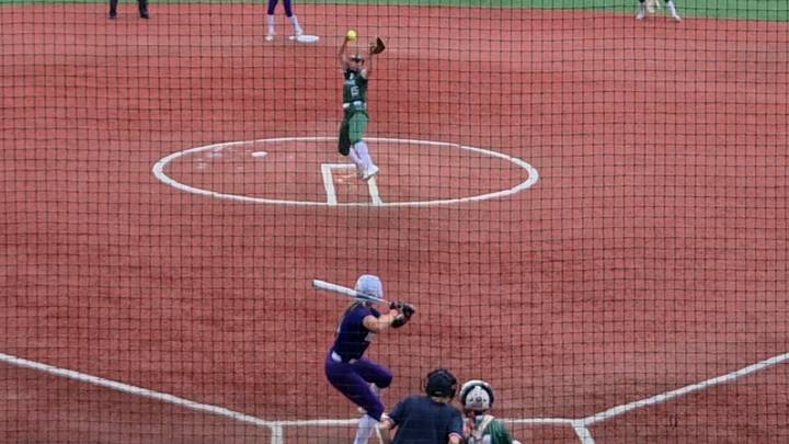 Greenville pitcher Ella Oswalt delivers a pitch during a 2-1 loss to Bloom-Carroll in the OHSAA Division III state semifinals at Akron's Firestone Stadium on Friday, June 5, 2026. Greenville pitcher Ella Oswalt delivers a pitch during a 2-1 loss to Bloom-Carroll in the OHSAA Division III state semifinals at Akron's Firestone Stadium on Friday, June 5, 2026.