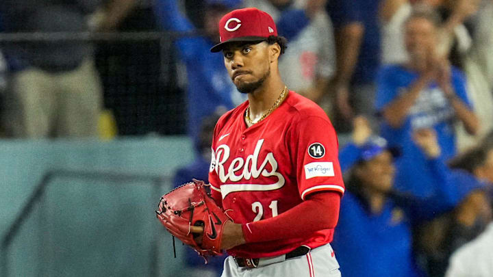 Cincinnati Reds starting pitcher Hunter Greene (21) reacts on the mound after giving up his third home run of the game in the third inning of the MLB National League Wild Card Game 1 between the Los Angeles Dodgers and the Cincinnati Reds at Dodger Stadium in Los Angeles on Tuesday, Sept. 30, 2025. The Dodgers won game 1 of the series, 10-5.