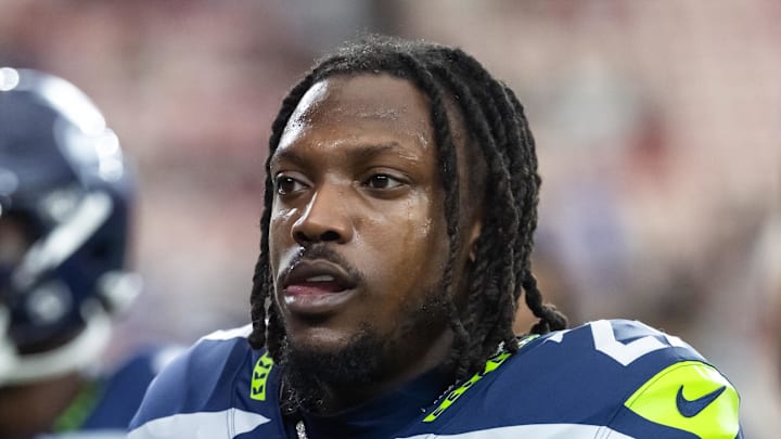 Seattle Seahawks cornerback Riq Woolen on the sidelines