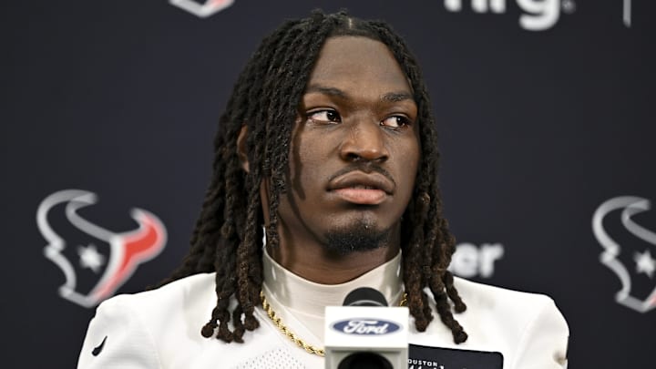 Jun 10, 2025; Houston, TX, USA; Houston Texans safety Calen Bullock speaks at a press conference after an NFL football minicamp at NRG Stadium. Mandatory Credit: Maria Lysaker-Imagn Images 