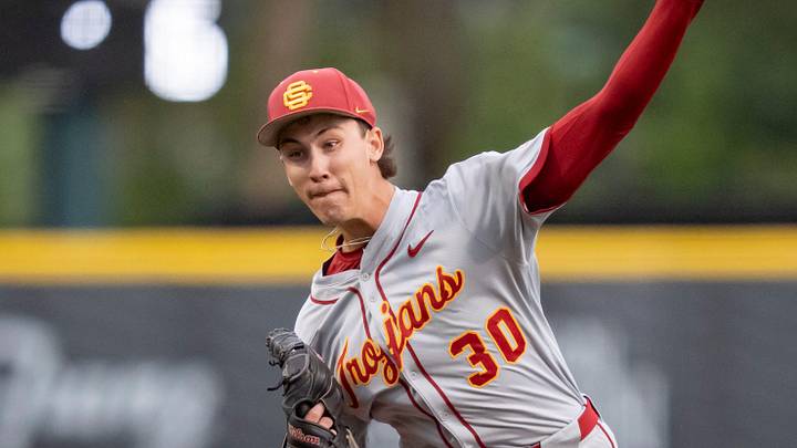 USC pitcher Mason Edwards throws a pitch as the Oregon Ducks host the USC Trojans on May 14, 2026, in Eugene, Oregon. USC pitcher Mason Edwards throws a pitch as the Oregon Ducks host the USC Trojans on May 14, 2026, in Eugene, Oregon.