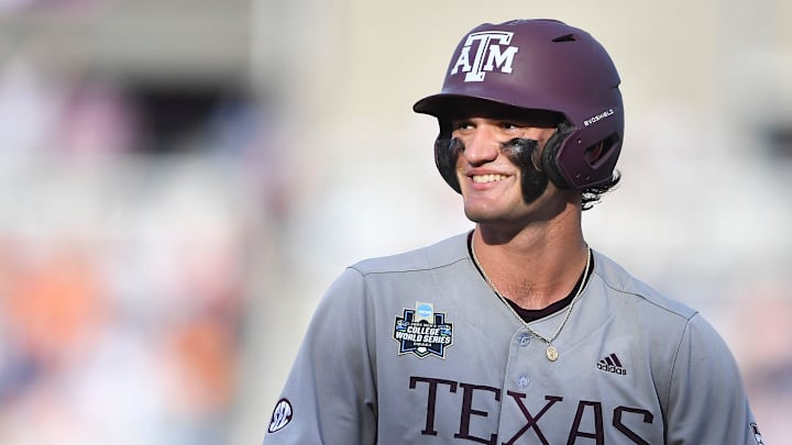 Texas A&M's Jace LaViolette (17) smiles during game three of the NCAA College World Series finals between Tennessee and Texas A&M at Charles Schwab Field in Omaha, Neb., on Monday, June 24, 2024. Texas A&M's Jace LaViolette (17) smiles during game three of the NCAA College World Series finals between Tennessee and Texas A&M at Charles Schwab Field in Omaha, Neb., on Monday, June 24, 2024.