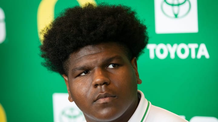 Oregon offensive lineman Josh Conerly Jr. speaks during Oregon football’s media day Monday, July 29, 2024 at Autzen Stadium in Eugene, Ore.