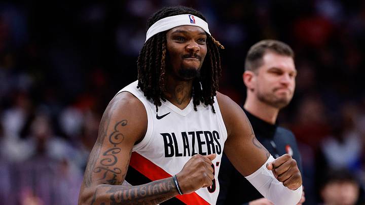 Apr 6, 2026; Denver, Colorado, USA; Portland Trail Blazers center Robert Williams III (35) reacts from the sideline in the third quarter against the Denver Nuggets at Ball Arena. Mandatory Credit: Isaiah J. Downing-Imagn Imagesg