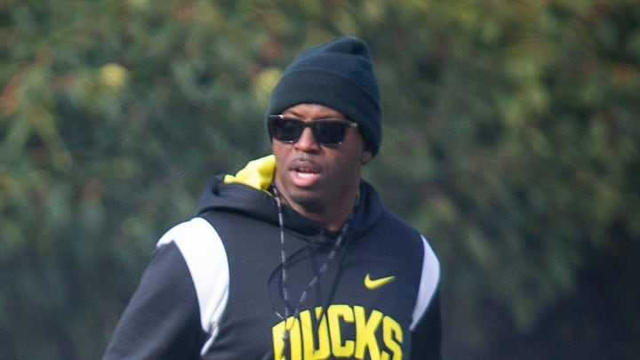New co-defensive coordinator and safeties coach Chris Hampton, right, joins the first practice of spring for Oregon football as they prepare for the 2023 season. New co-defensive coordinator and safeties coach Chris Hampton, right, joins the first practice of spring for Oregon football as they prepare for the 2023 season.